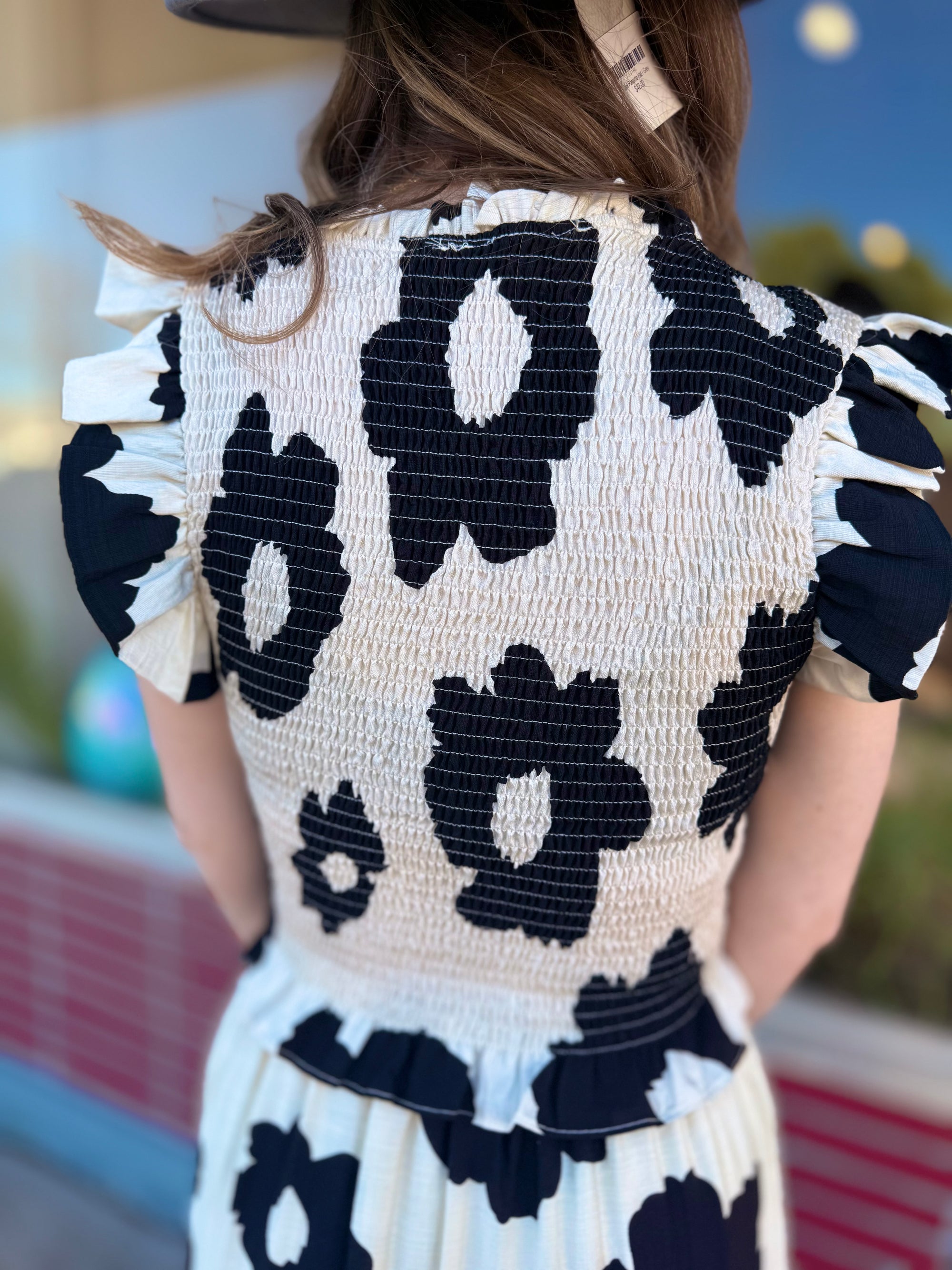 Black Bold Floral Ruffled Sleeve Smocked Top