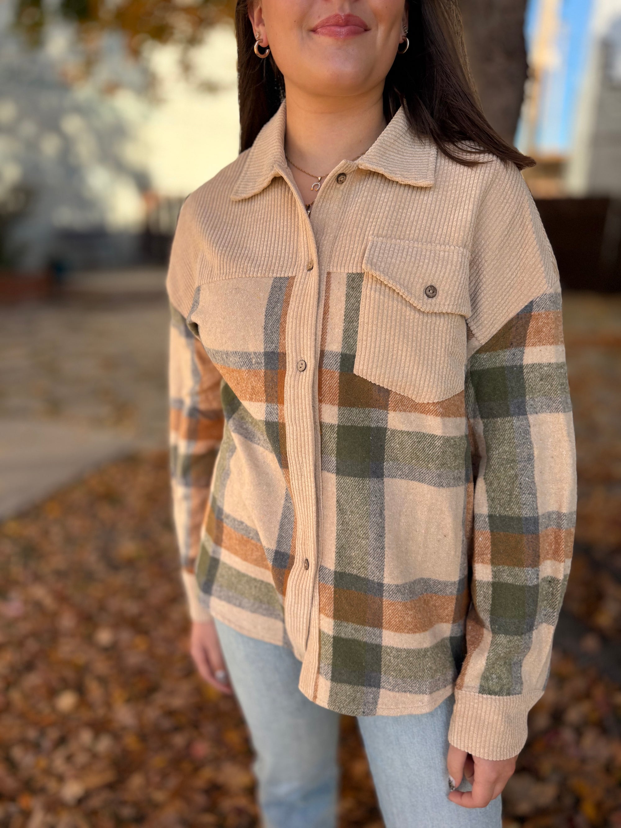 Taupe Corduroy + Plaid Mix Shacket