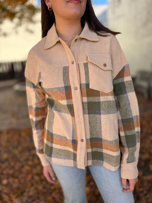 Taupe Corduroy + Plaid Mix Shacket