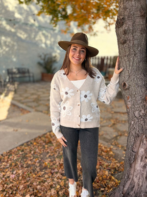 Ivory Daisy Pattern Fuzzy Knit Cardigan