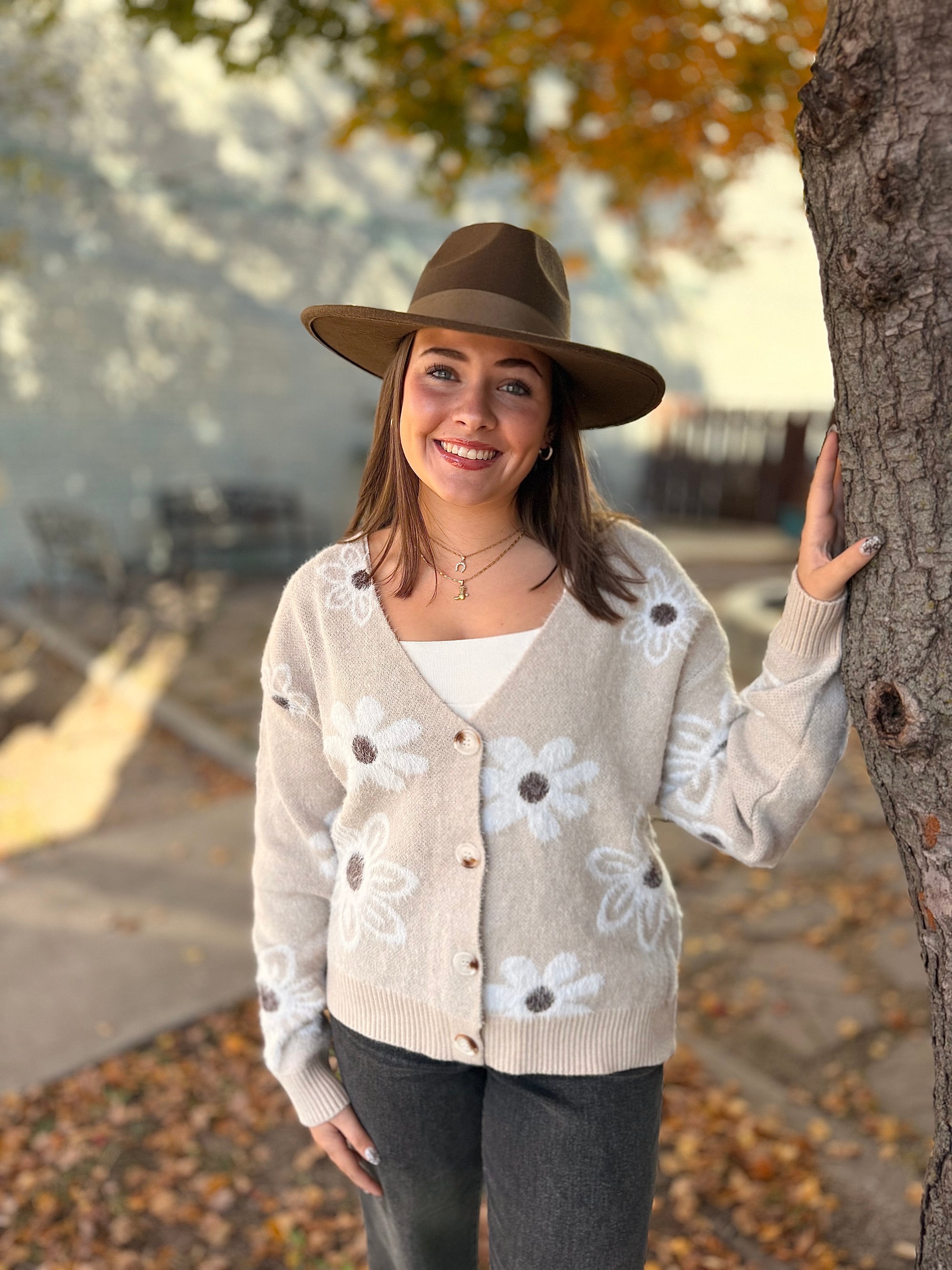 Ivory Daisy Pattern Fuzzy Knit Cardigan
