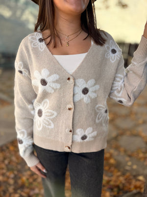 Ivory Daisy Pattern Fuzzy Knit Cardigan