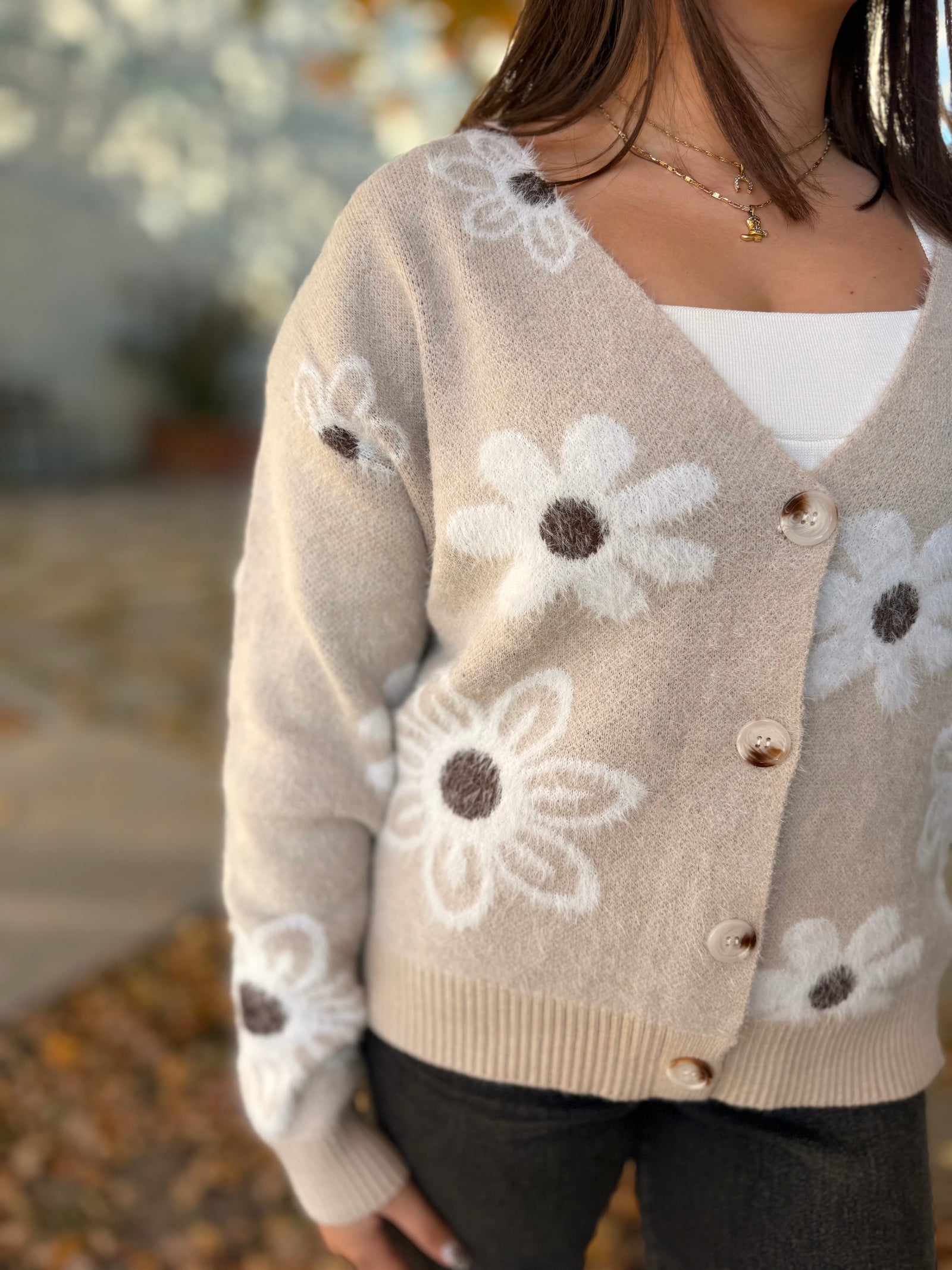 Ivory Daisy Pattern Fuzzy Knit Cardigan