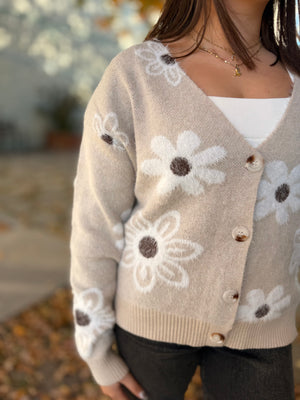 Ivory Daisy Pattern Fuzzy Knit Cardigan