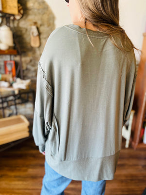 Ultra Soft Raw Edge Pullover w/ Seam Detail