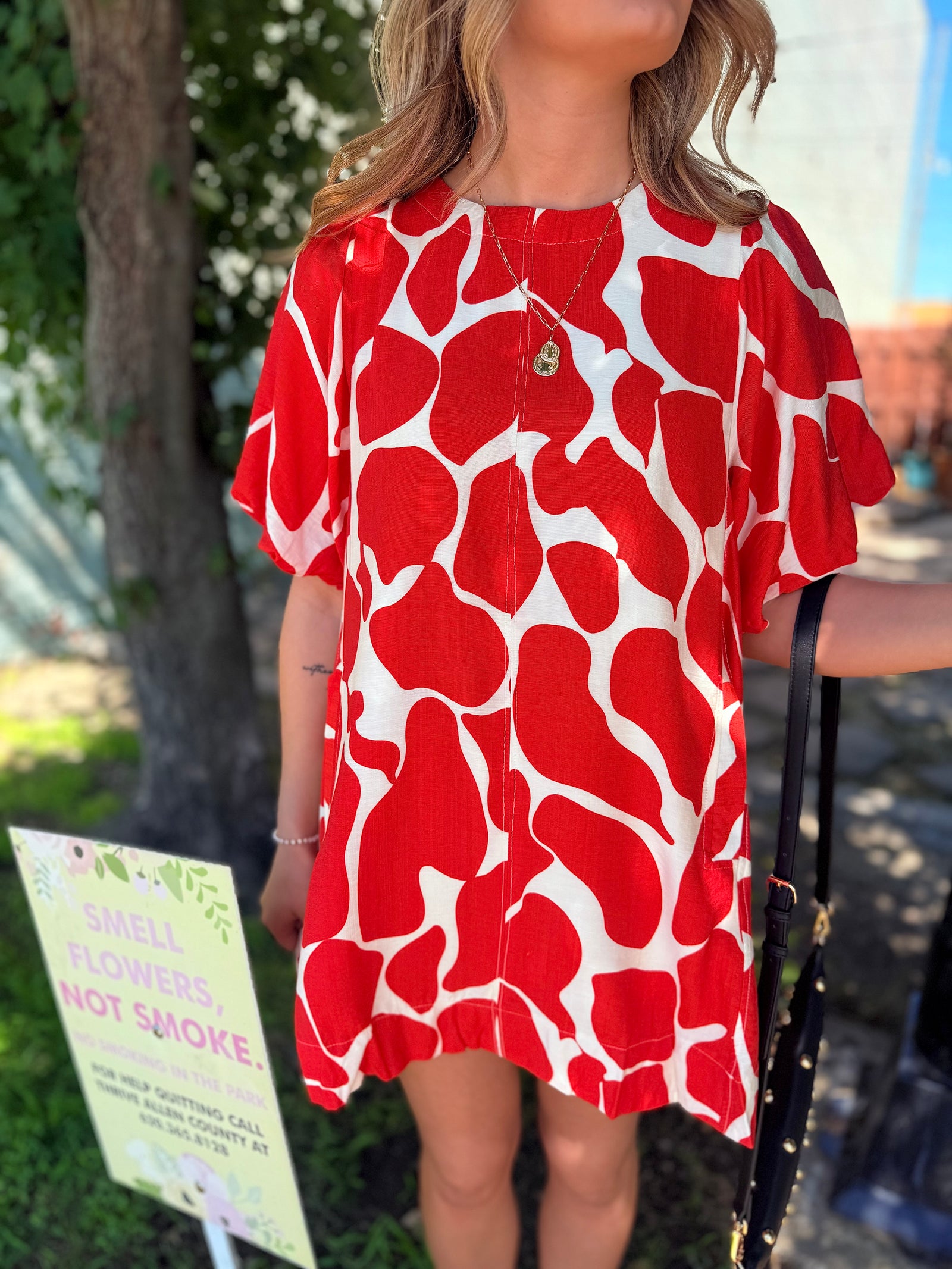 Umgee Tomato Red Abstract Animal Print Flowy Dress