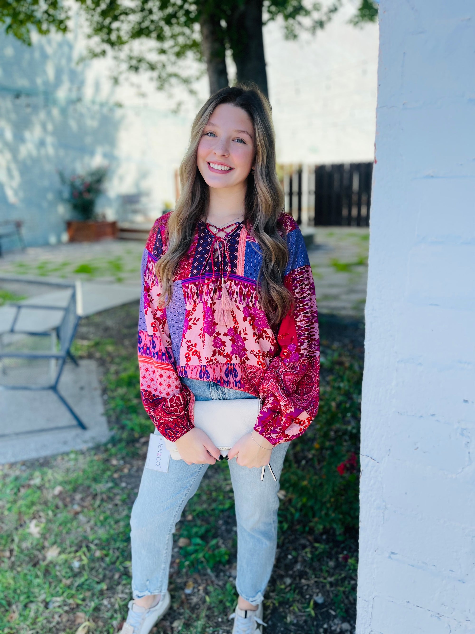 Burgundy Mix Boho Patchwork Print Blouse