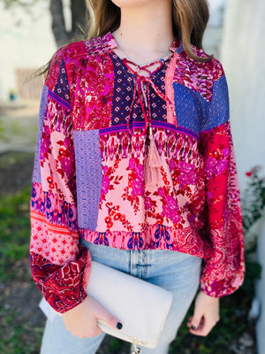 Burgundy Mix Boho Patchwork Print Blouse