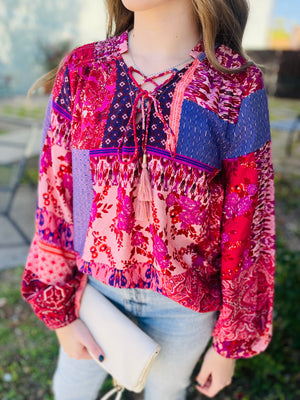 Burgundy Mix Boho Patchwork Print Blouse