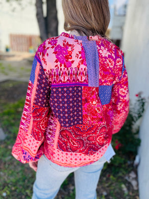 Burgundy Mix Boho Patchwork Print Blouse