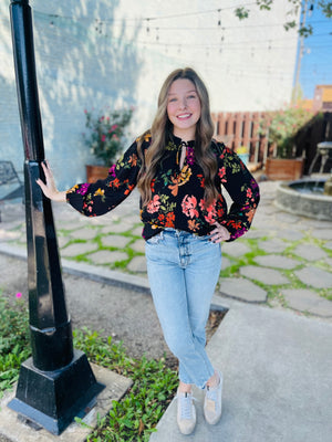 Black Floral Print Long Sleeve Blouse