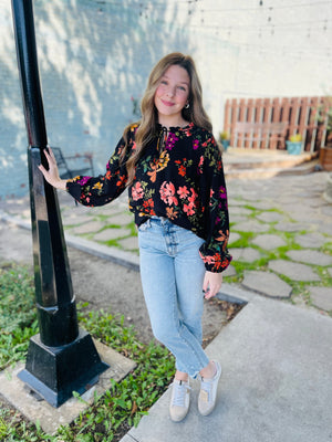 Black Floral Print Long Sleeve Blouse