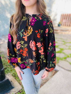 Black Floral Print Long Sleeve Blouse