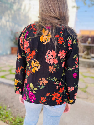 Black Floral Print Long Sleeve Blouse