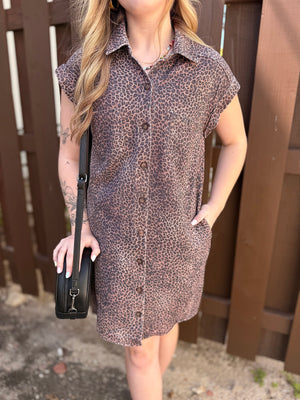 Leopard Short Sleeve Twill Shirt Dress