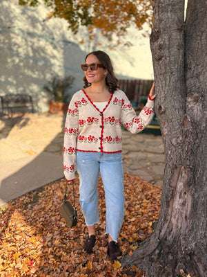 Oatmeal Knit Cardigan w/ Red Floral Detail