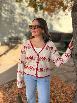 Oatmeal Knit Cardigan w/ Red Floral Detail