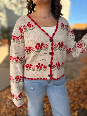 Oatmeal Knit Cardigan w/ Red Floral Detail
