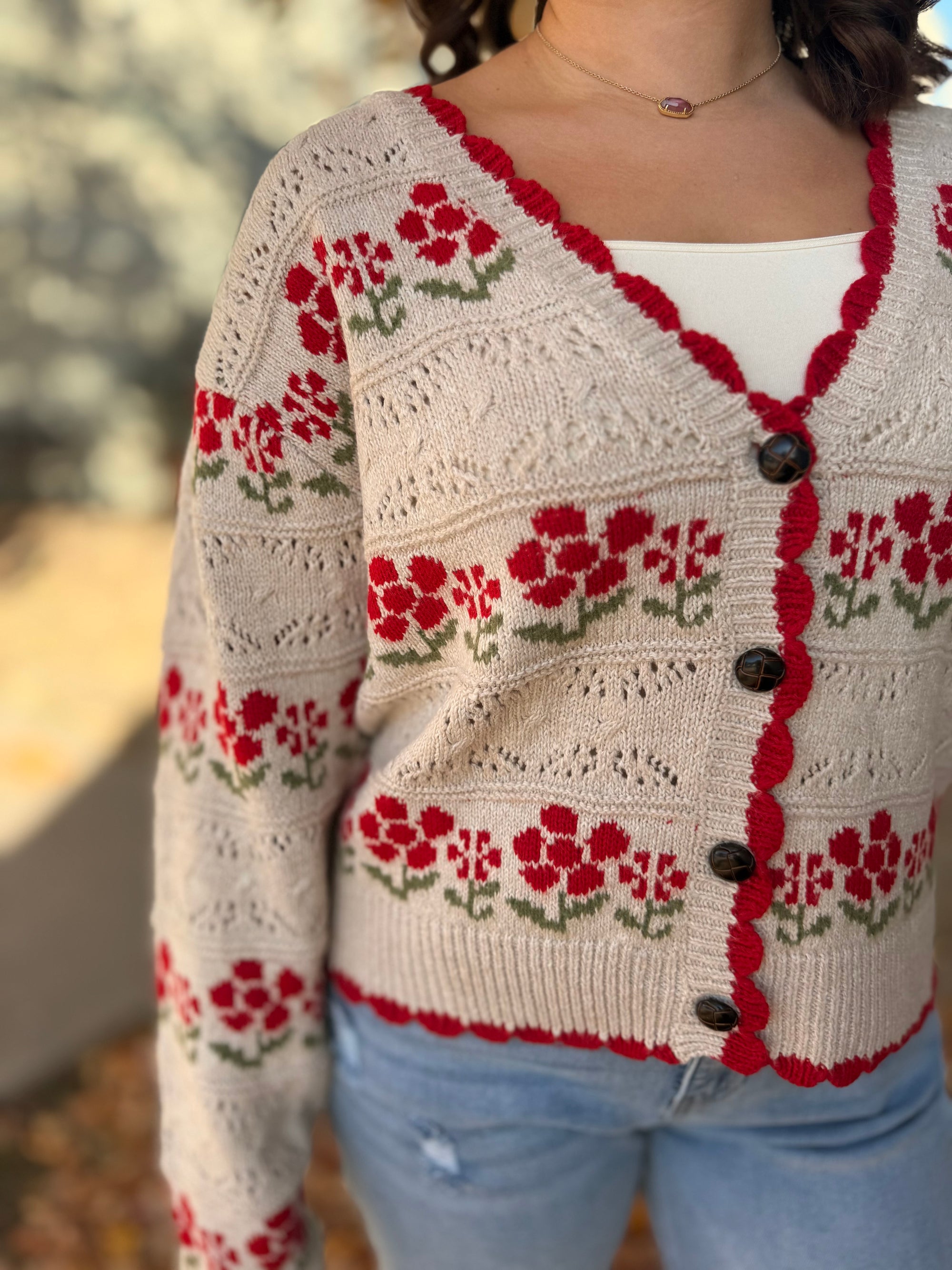 Oatmeal Knit Cardigan w/ Red Floral Detail
