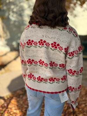 Oatmeal Knit Cardigan w/ Red Floral Detail