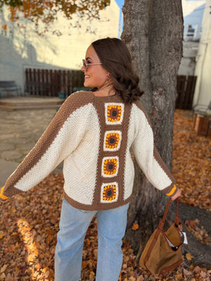 Brown Crochet Sunflower Knit Cardigan