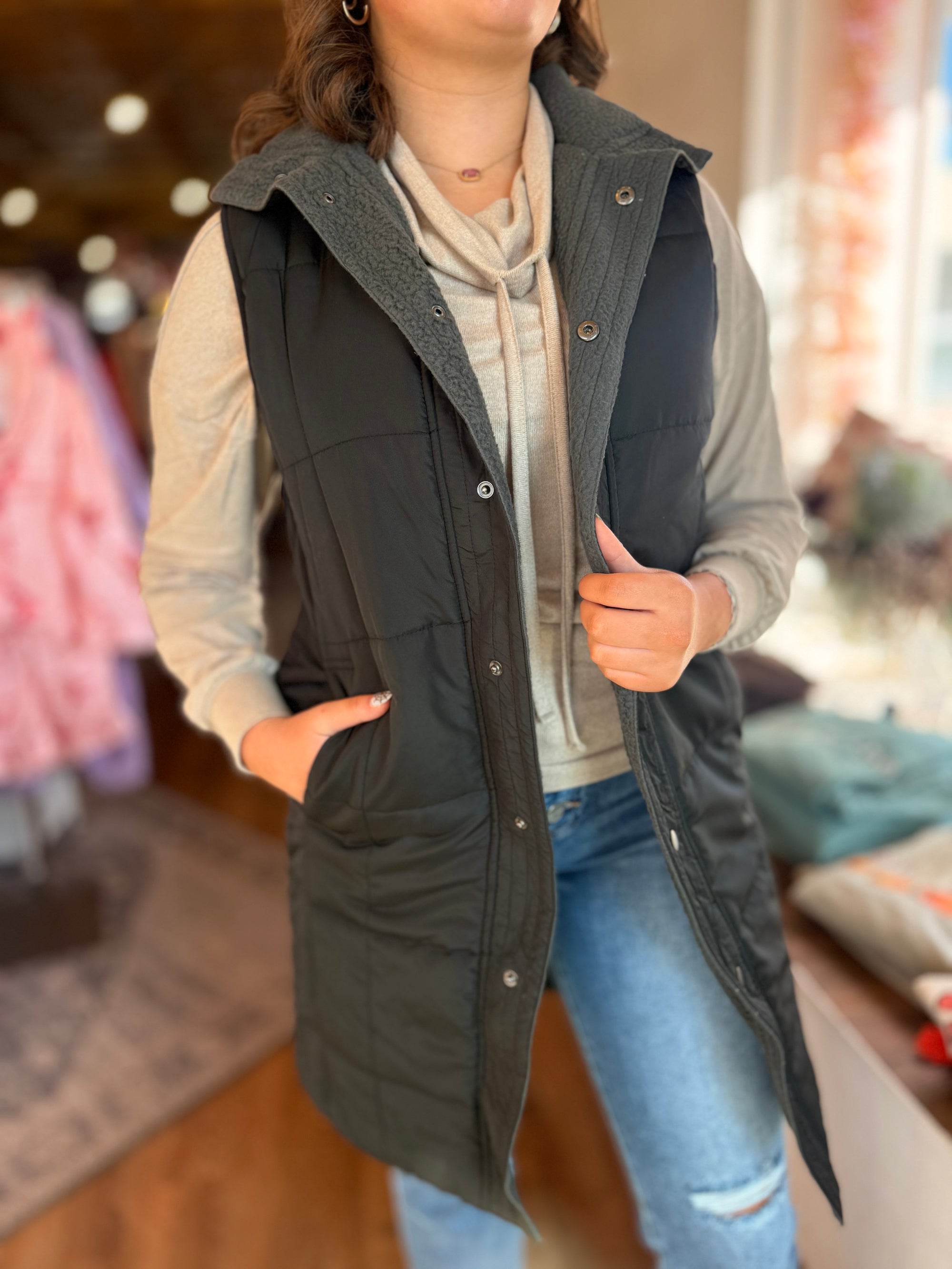 Mono B Black Sherpa Lined Long Vest