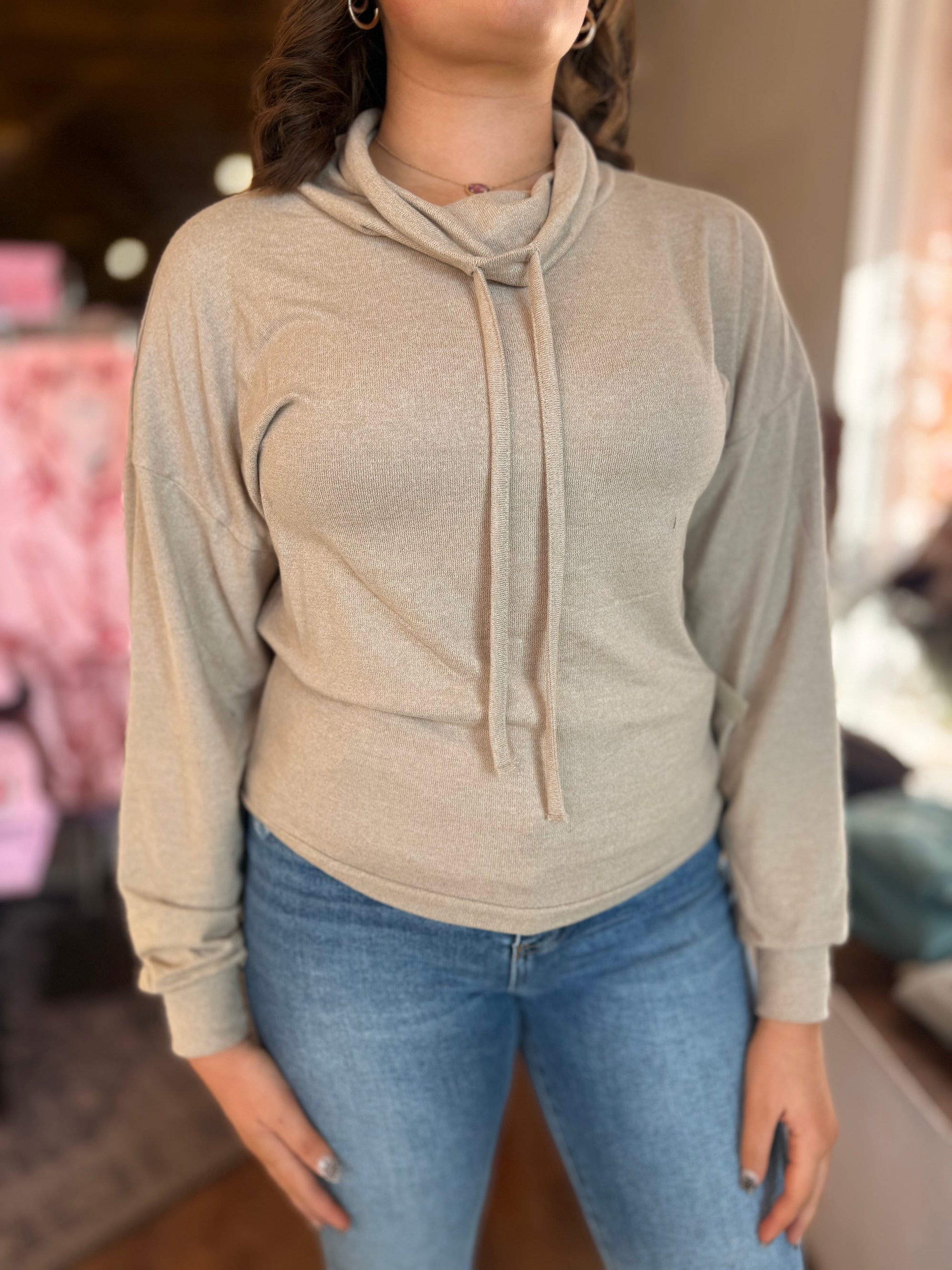 Mono B Taupe Brushed Cowl Neck Pullover