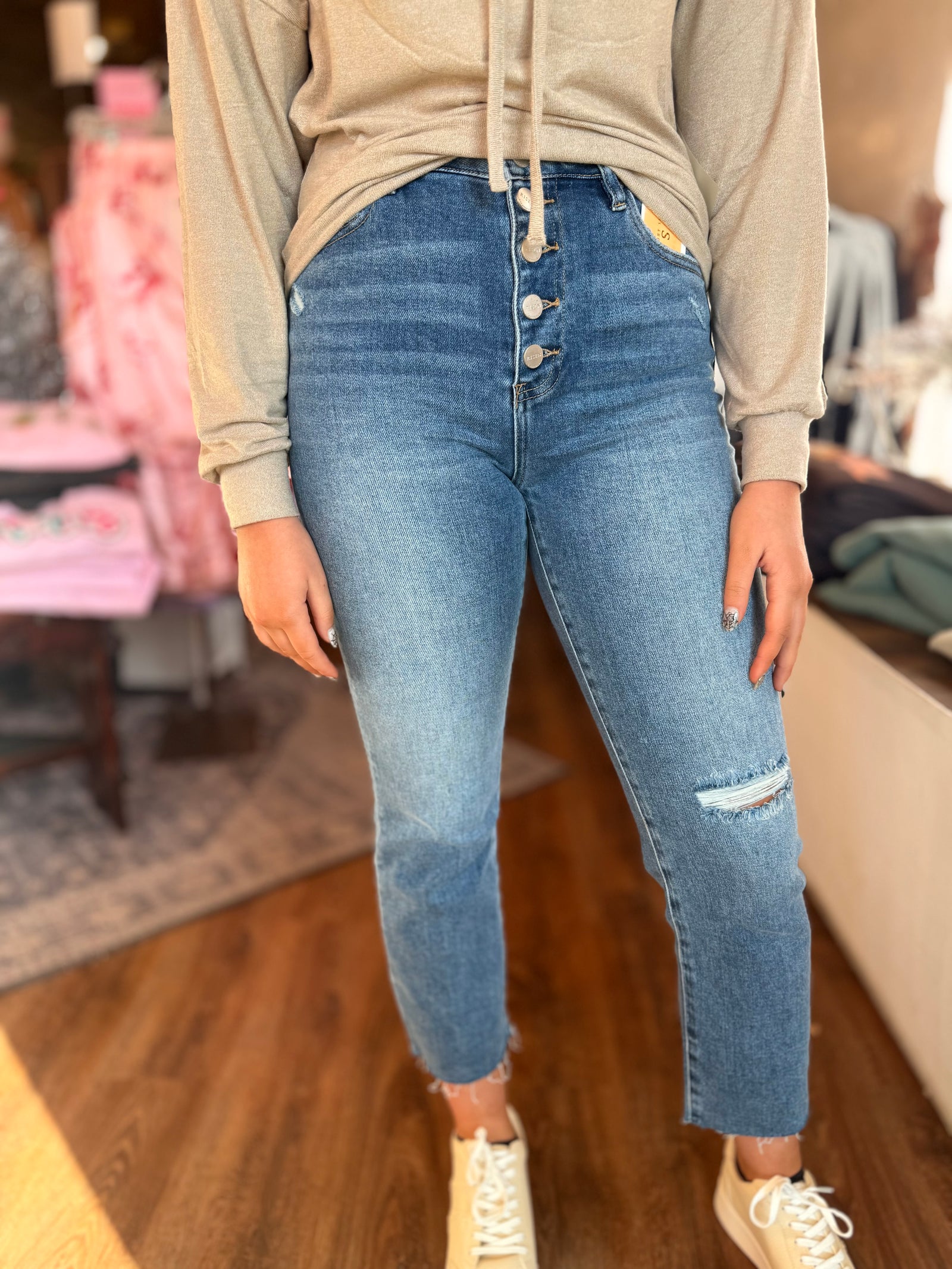 Risen Medium Wash High Rise Button Fly Straight Leg