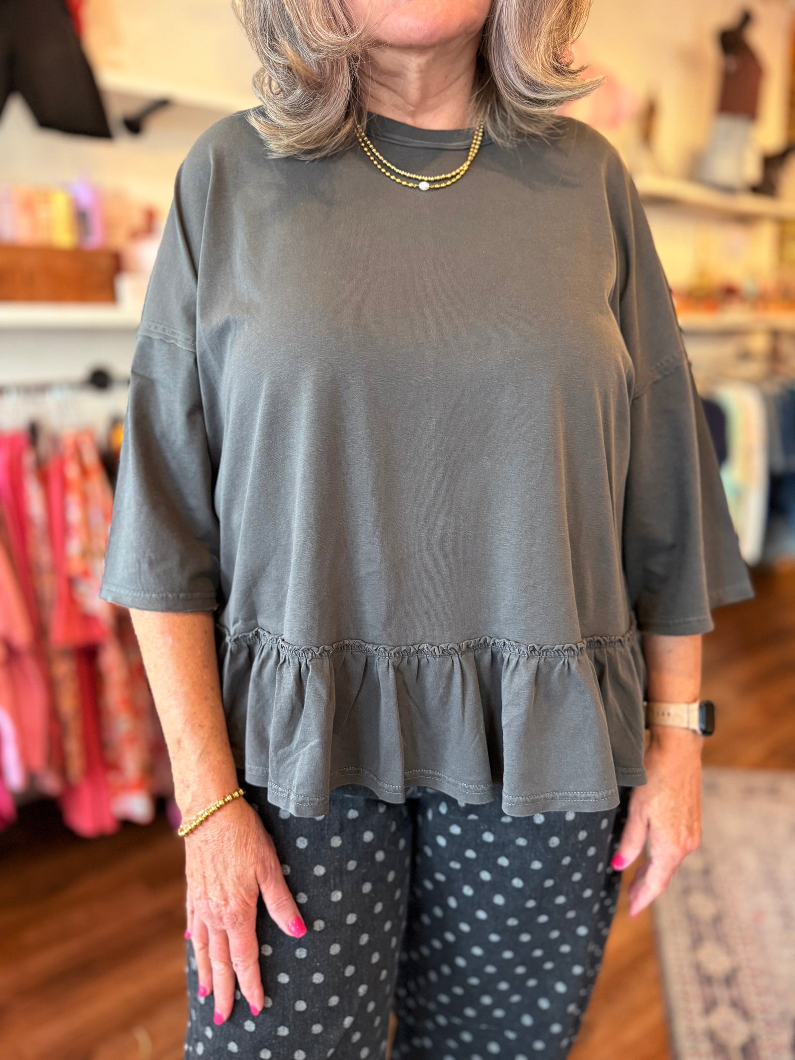 Easel Grey Washed Cotton Babydoll Tunic Top