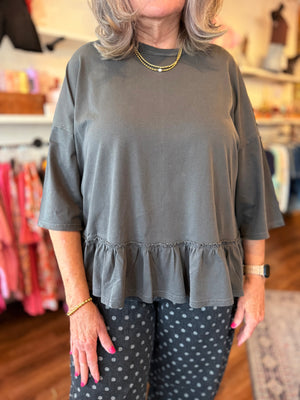 Easel Grey Washed Cotton Babydoll Tunic Top