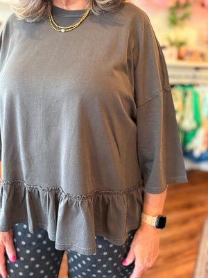 Easel Grey Washed Cotton Babydoll Tunic Top