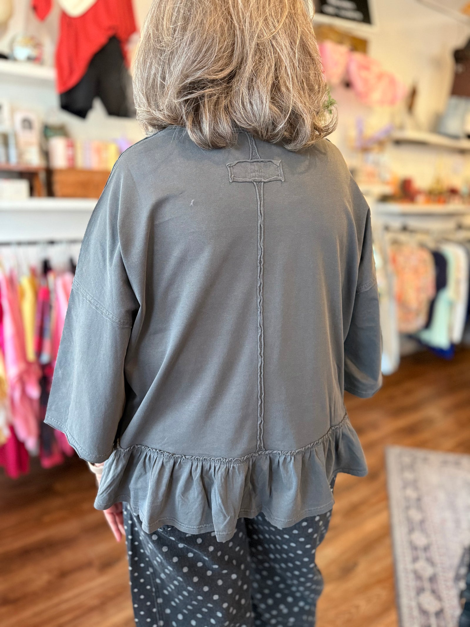 Easel Grey Washed Cotton Babydoll Tunic Top