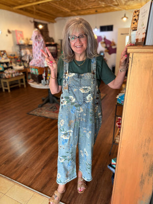 Easel Washed Denim Floral Overalls