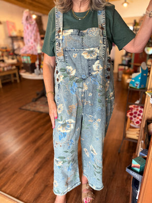 Easel Washed Denim Floral Overalls