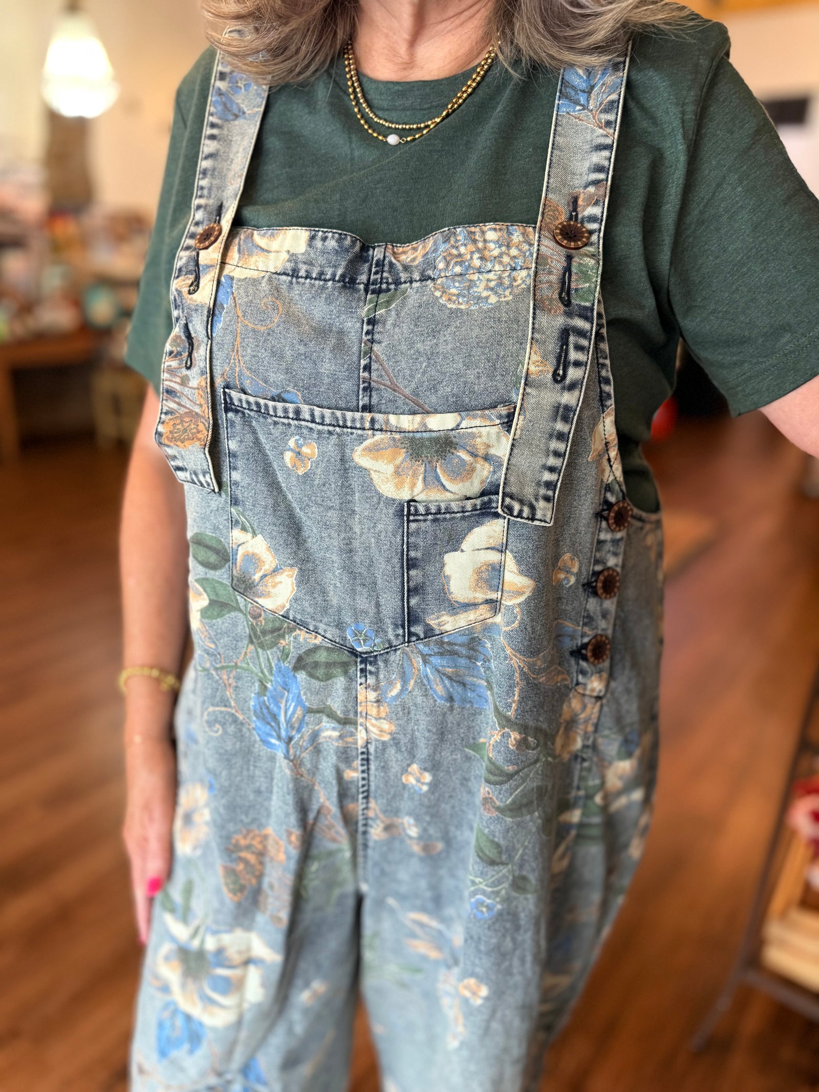 Easel Washed Denim Floral Overalls