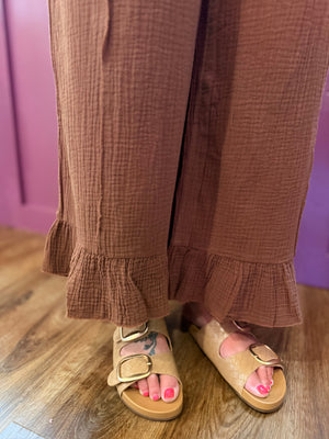 Easel Brown Cotton Gauze Wide Leg Pants