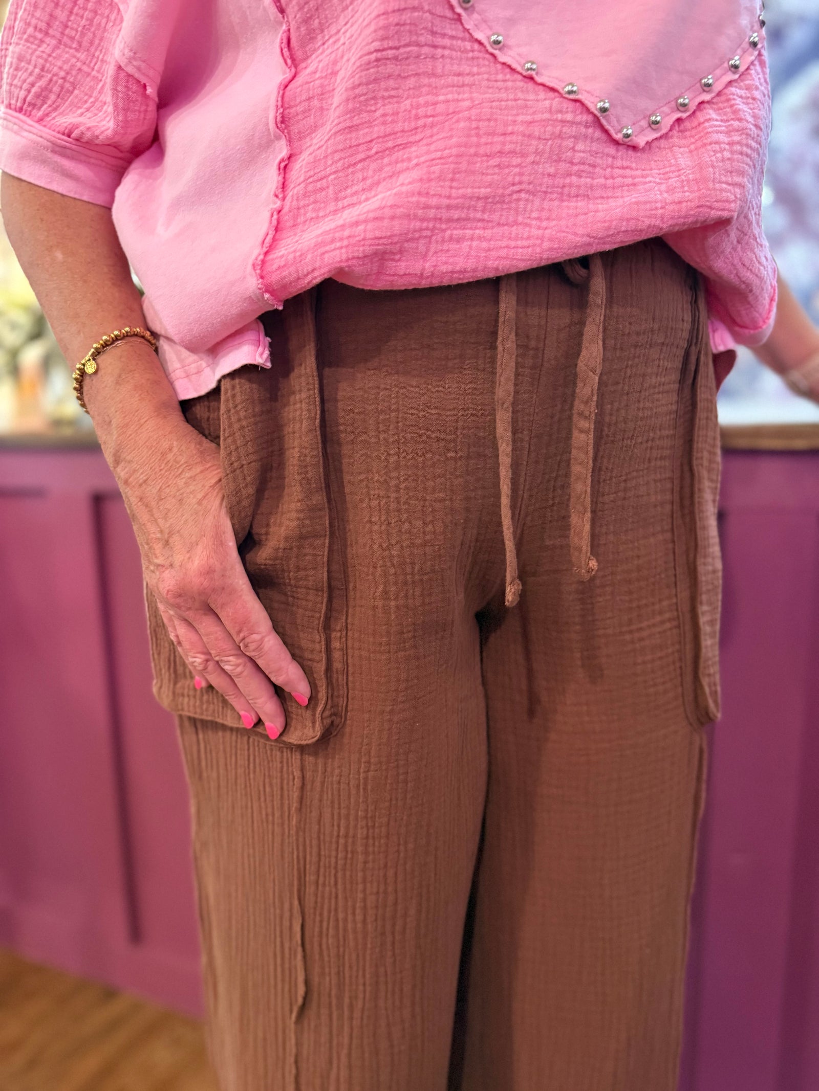 Easel Brown Cotton Gauze Wide Leg Pants