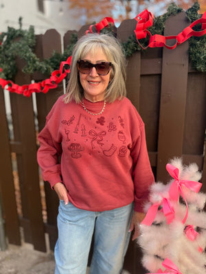 Washed Red Christmas Embroidered Sweatshirt