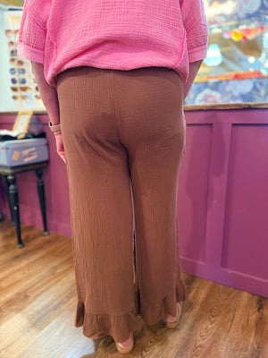 Easel Brown Cotton Gauze Wide Leg Pants