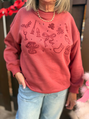 Washed Red Christmas Embroidered Sweatshirt