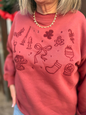 Washed Red Christmas Embroidered Sweatshirt