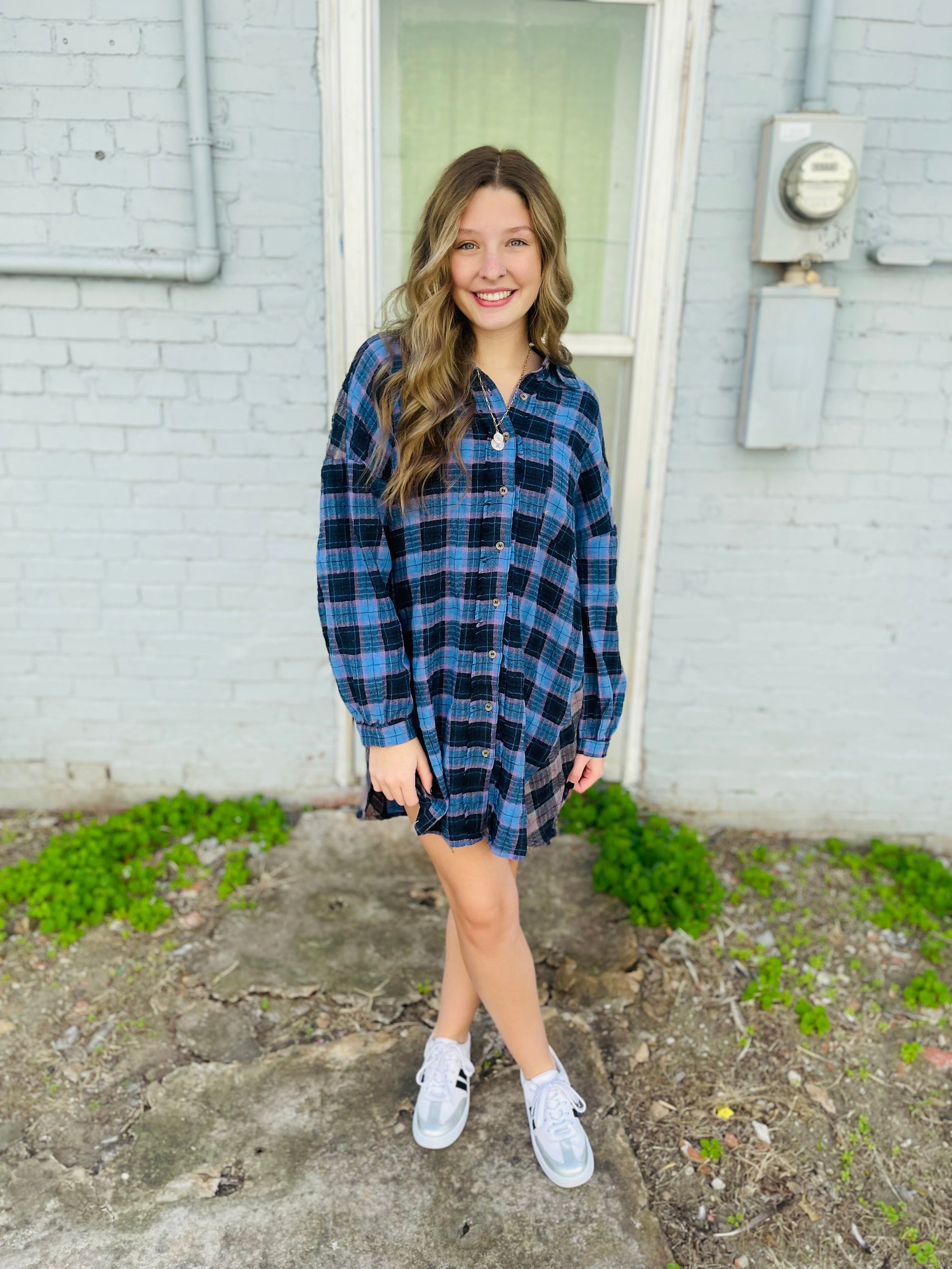 Blue Mix Oversized Plaid Top