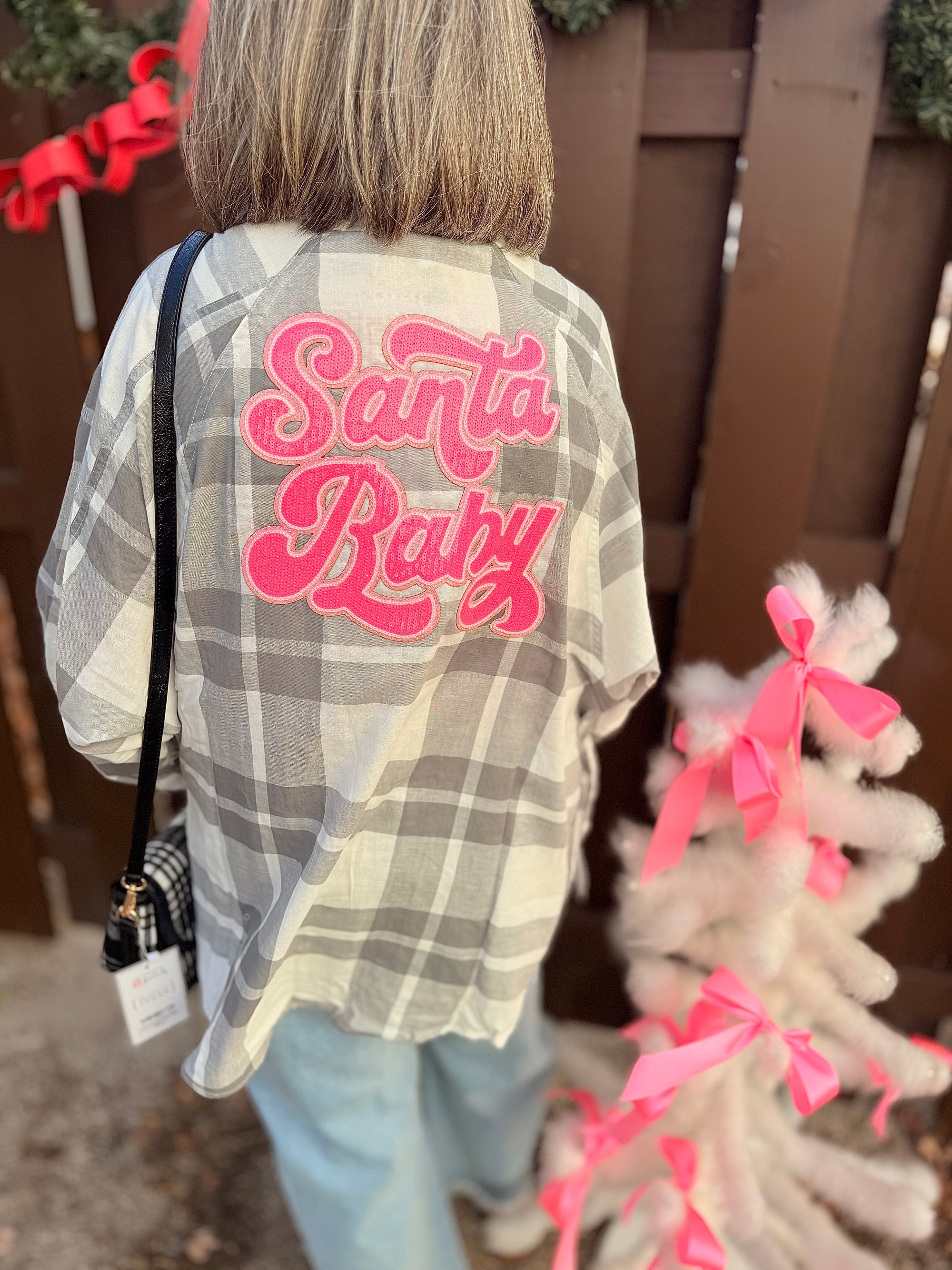 Gray Plaid Sequin Santa Baby Patch Top