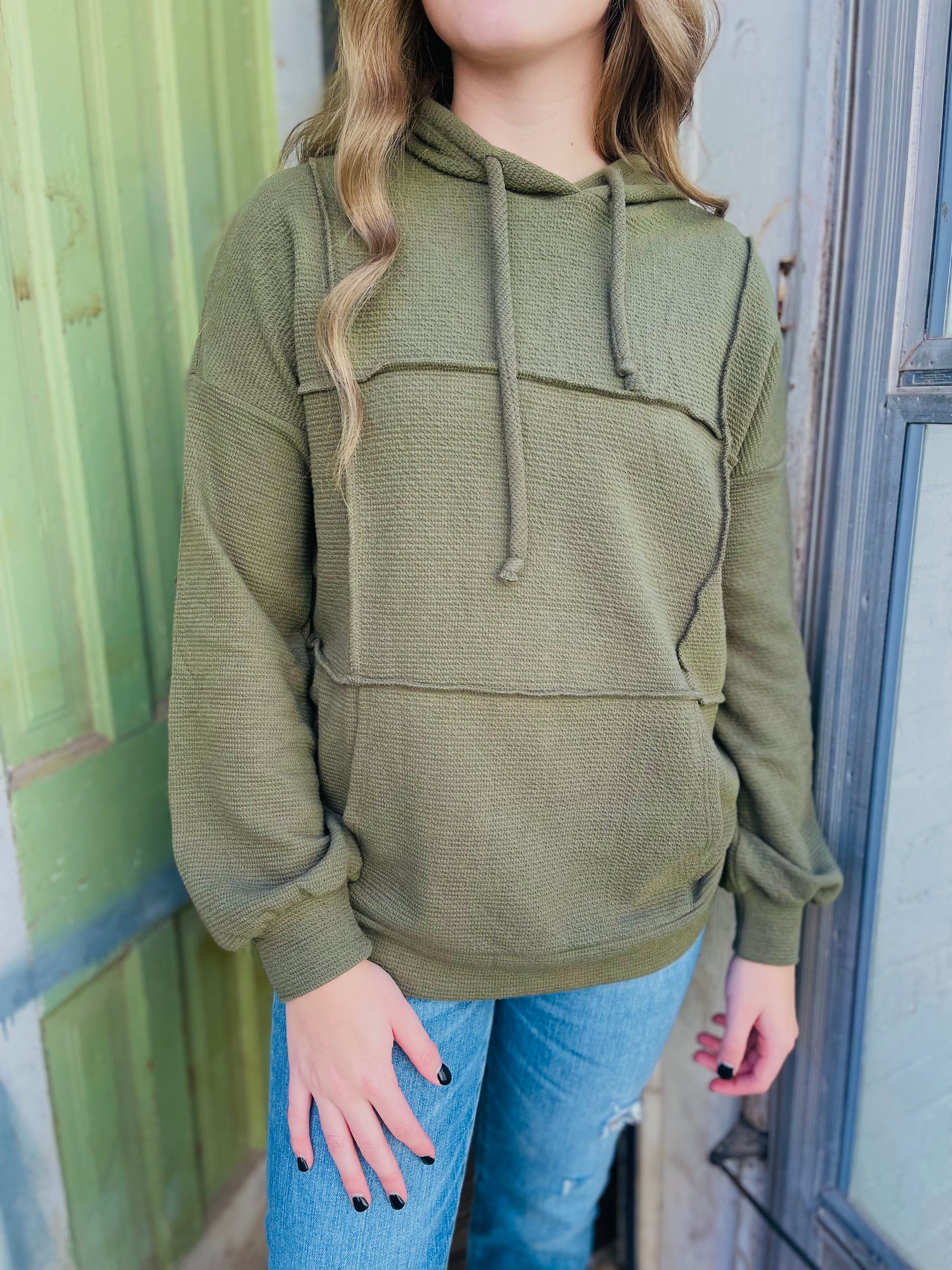 Olive Exposed Seam Hooded Top