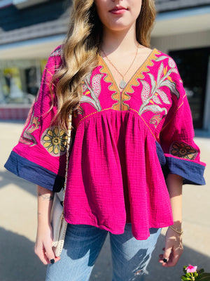 Fuchsia Embroidered Cotton Gauze Top