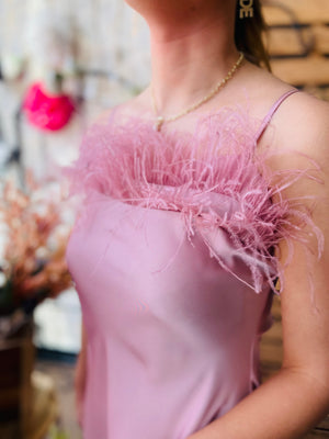 Faux Feather Trim Slip Midi Dress - Pink