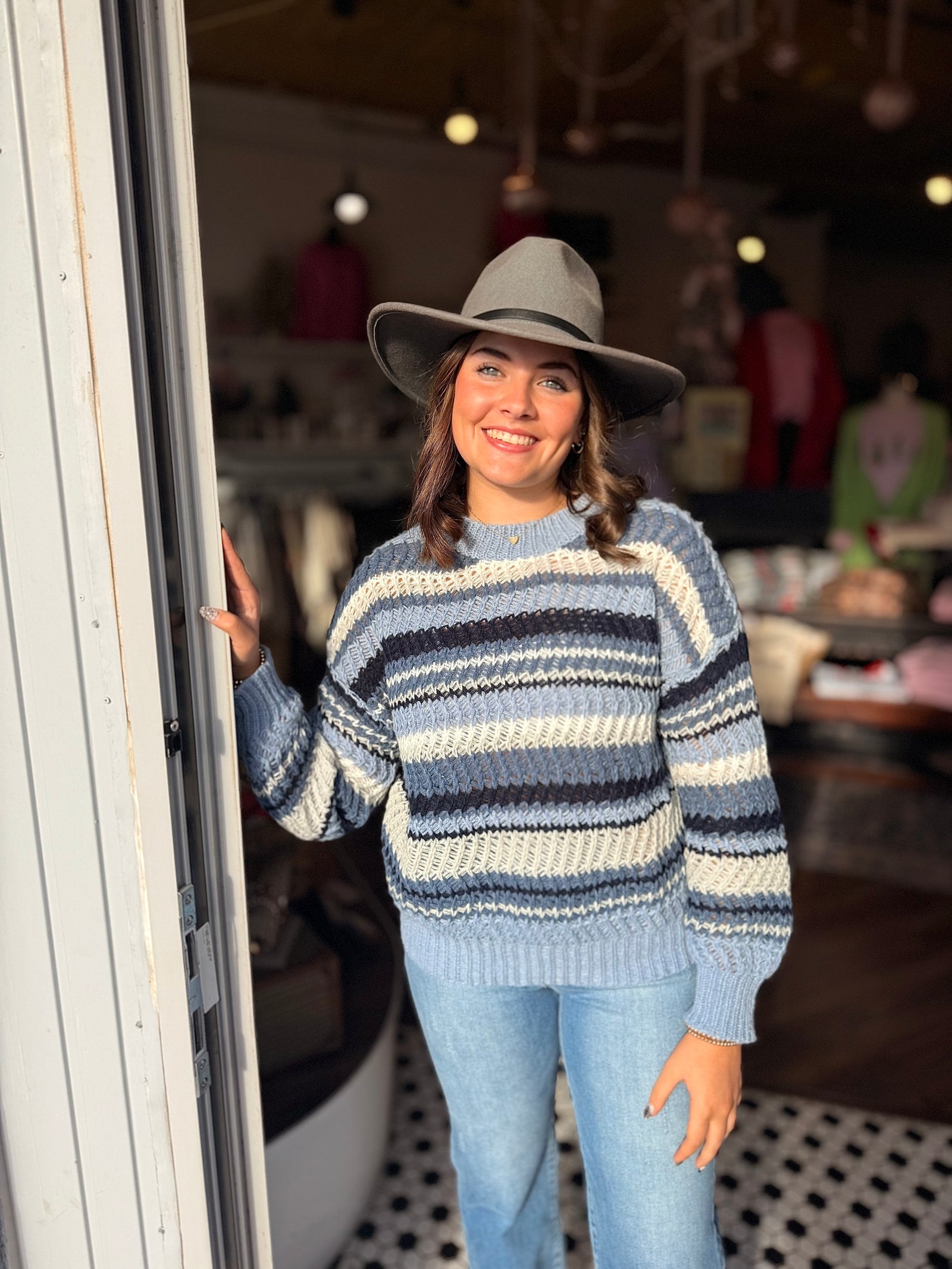 Multi Blue Stripe Crew Neck Knit Sweater