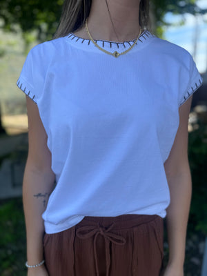 White Oversized Top w/ Brown Stitch Detail