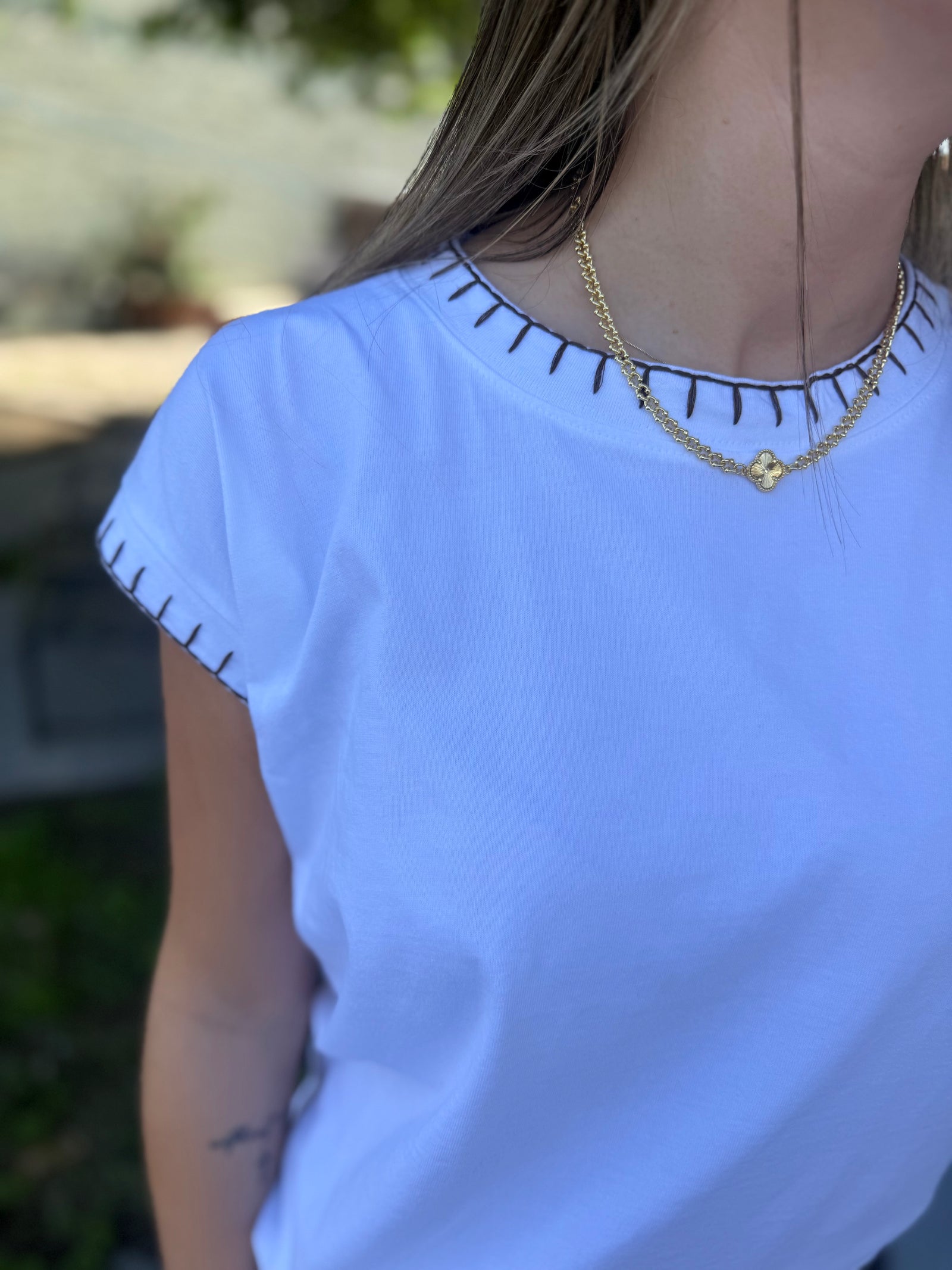 White Oversized Top w/ Brown Stitch Detail