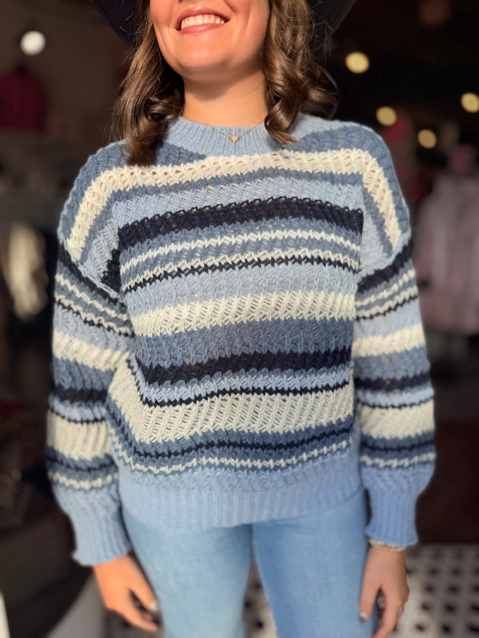 Multi Blue Stripe Crew Neck Knit Sweater